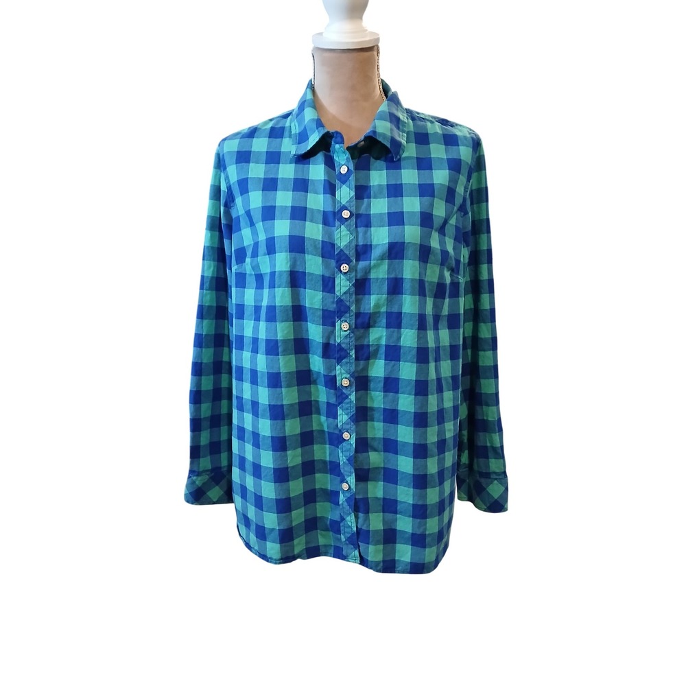 Talbots Womens XL Blue Green Buffalo Check Plaid Button Down Shirt Long Sleeve